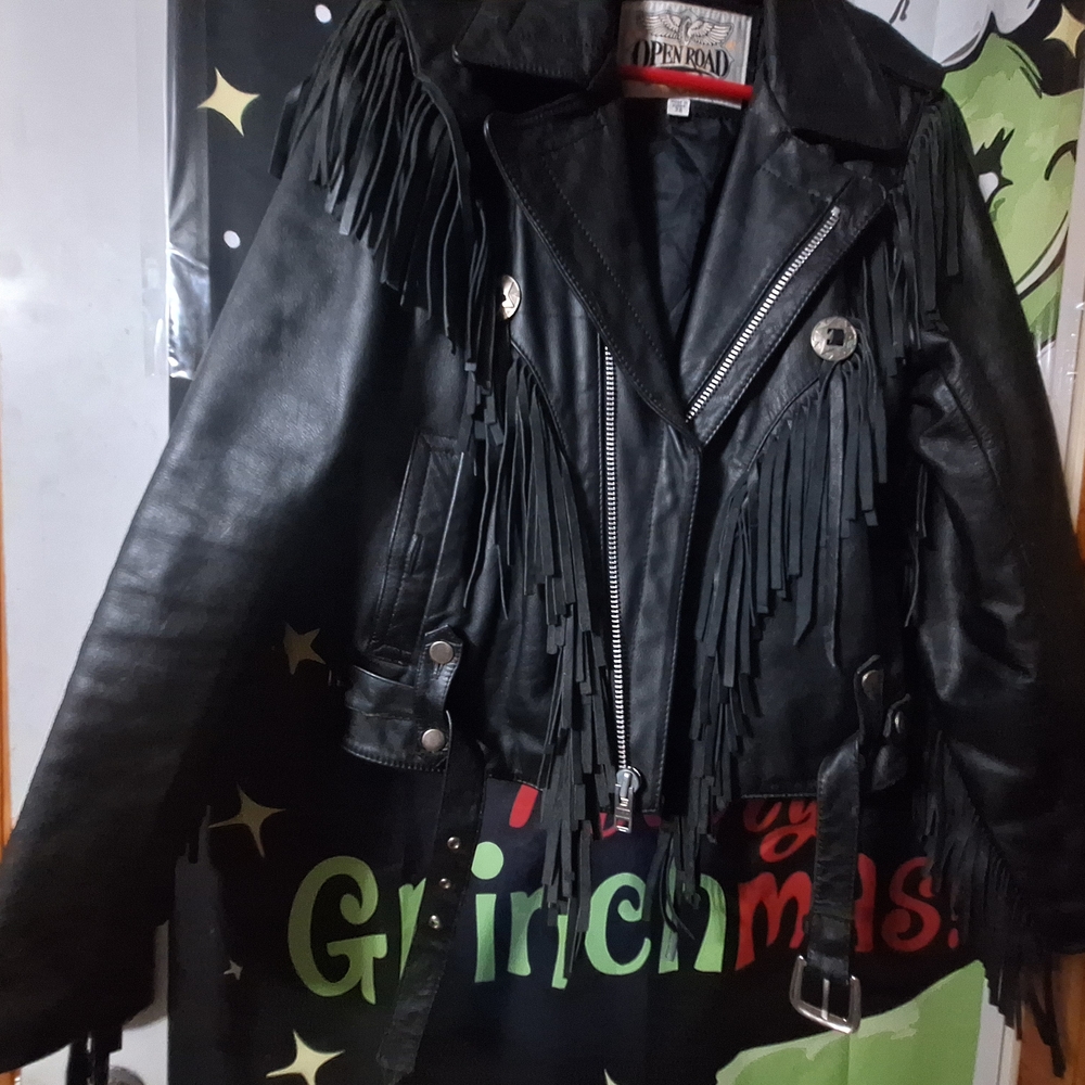 Openroad Black Leather Women's Fringe Jacket